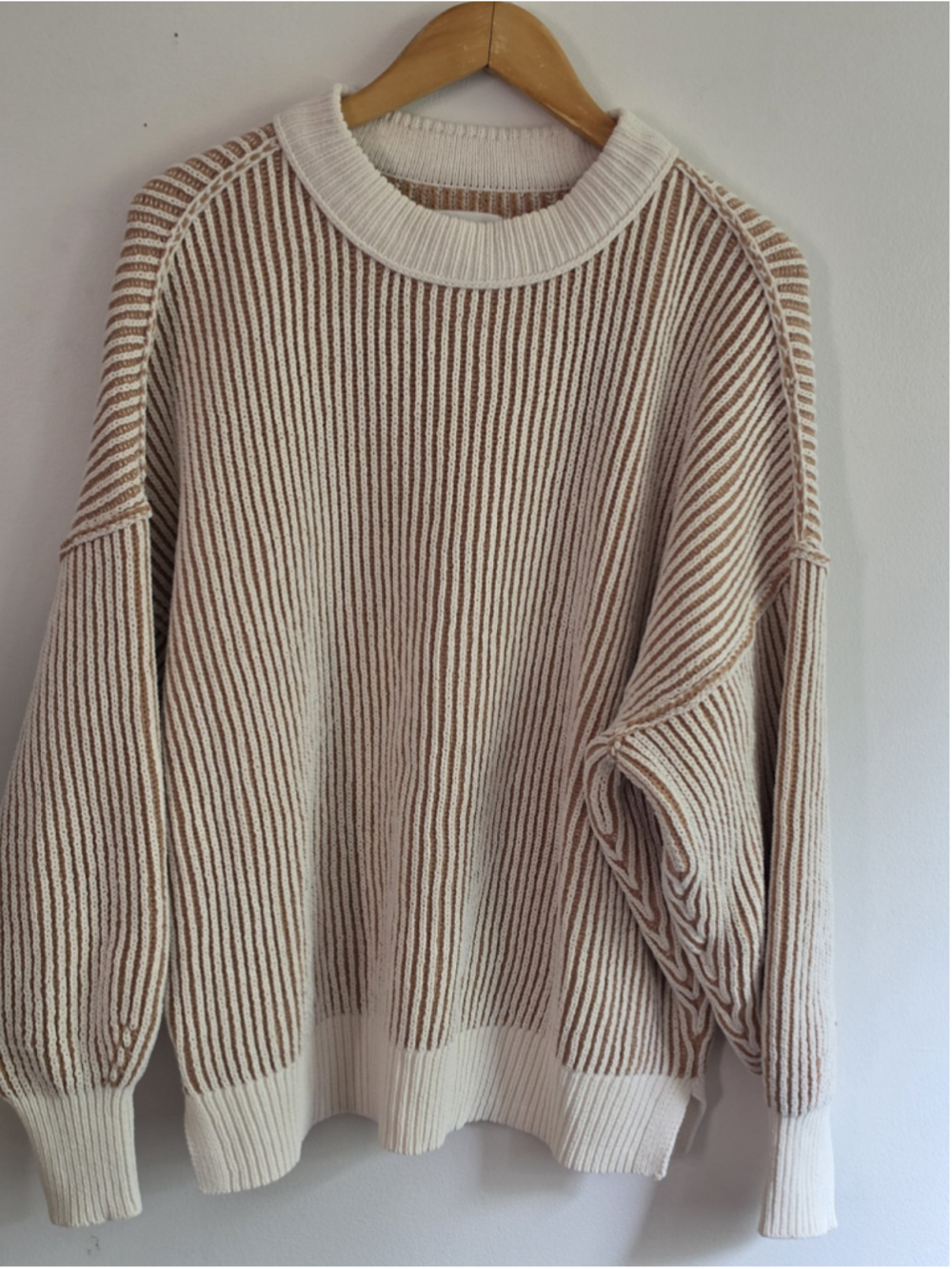 aerie Cream and Tan Striped Ribbed Crewneck Sweater